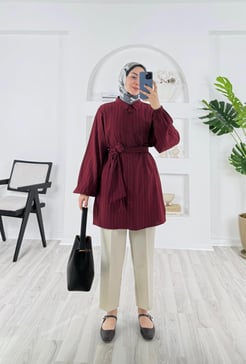 4368-nada kumaş-kemerli gömlek-bordo