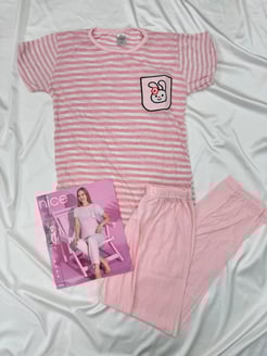 Ç1467 - KISA KOLLU ÇİZGİLİ PIJAMA TAKIMI - PEMBE 