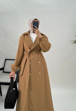 2152-bondit kumaş-kol lastikli düğmeli trençkot-sütlü kahve
