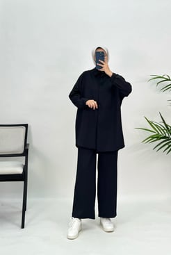 5662 G180+ÖRME KUMAŞ BELİ LASTİKLİ PANTOLONLU TAKIM SİYAH
