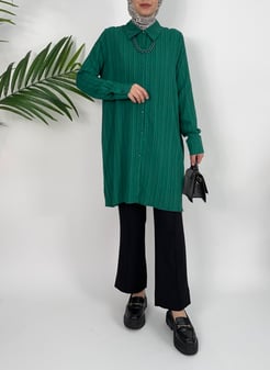 3237-nada kumaş-kolyeli kloş tunik-yeşil