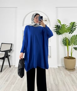 7586-armalı ince triko tunik-saks mavisi