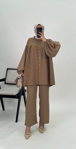 5147-bürümcük kumaş-pantolonlu tunik takım-sütlü kahve 