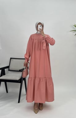 9905-terikoton kumaş-kolları bağlama detaylı elbise-pudra