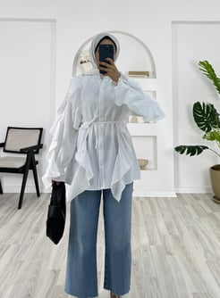 7511-poplin kumaş-fırfırlı kemerli gömlek-beyaz