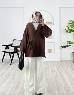 3260-dabıl krep kumaş-yanı yırtmaçlı kimono ceket-acı kahve