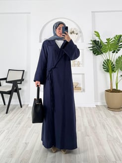 5667-önden bağcıklı keten trenç-lacivert