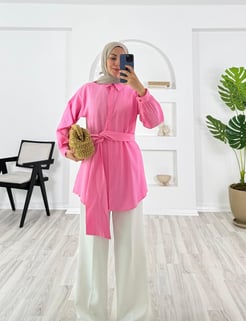 4790-nada kumaş-kendinden kemerli gömlek-pembe