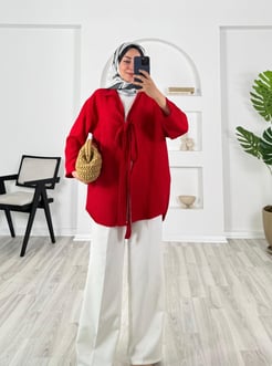 7847-sofia keten kumaş-önden bağlamalı kimono-kırmızı
