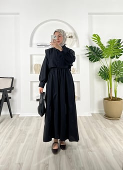 8755-terikoton kumaş-beli lastikli gömlekli elbise-siyah