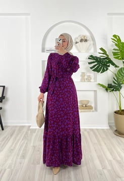 4578-pamuk viskon kumaş çiçek desenli  seyyar kemerli elbise mor
