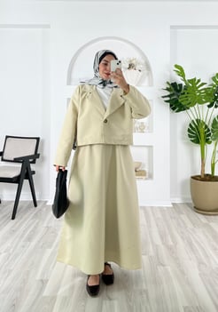 5964-zirve kumaş-önü düğmeli etekli takım-taş