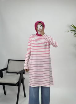 5356-suprem penye kumaş-çizgili tunik-pembe