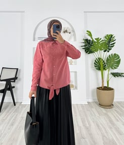 2879-poplin kumaş-önden bağlamalı tek cepli gömlek-gül kurusu