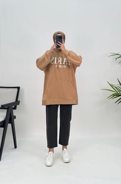 9358 Y95+Parıs Sports Baskılı Kapüşonlu Sweatshirt Sütlü Kahve