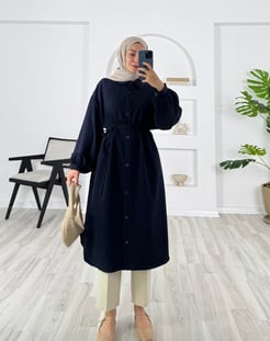 7529-dabıl krep kumaş-kemerli tunik-lacivert