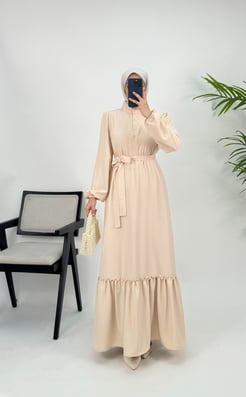 4467-twill kumaş-eteği volanlı fırfır detaylı elbise-taş