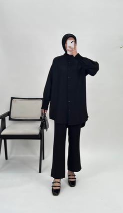 5161-Melanj keten kumaş-düğmeli tunik-siyah