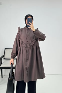 16521 G105+Terikoton kumaş dairesel fırfırlı tunik - kahverengi