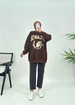 3596 K35+Üç İplik Atlanta Baskılı Sweatshirt Acı Kahve