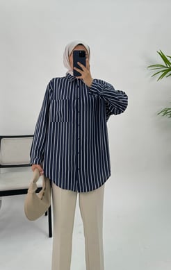 5851-modal kumaş-çizgili cepli tunik-lacivert