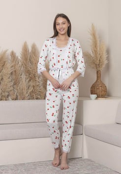 ç14693 - ip askılı sabahlıklı kirazlı pijama takımı seti - beyaz