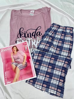 ç3965 - kısa kollu kapri kareli pijama altı - pembe