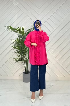 0000 L132+ BOYDAN DÜĞMELİ KOLLARI VE PAT KISMI FIRFIR DETAYLI TERİKOTON KUMAŞ TUNİK STANDART PEMBE 