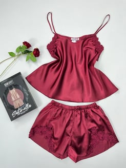 Ç12307 SATEN ŞORTLU TAKIM- BORDO