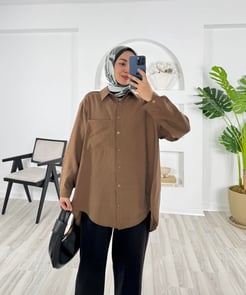 3343-modal kumaş-önü cepli tunik-acı kahve