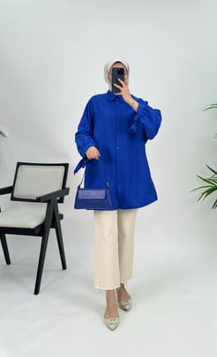 9250 J43+ Kırışık Kumaş Kolları İp Bağlamalı Tunik Saks Mavisi