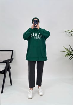 9358 L6 YANI+Parıs Sports Baskılı Kapüşonlu Sweatshirt Yeşil