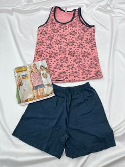 Ç7963 Esnek Şortlu Pijama Takımı Pembe-Lacivert Çiçekli
