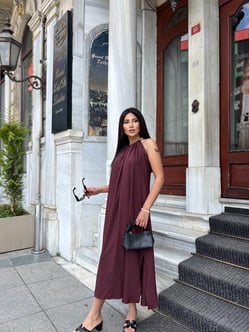 Bağlamalı Uzun Elbise Bordo