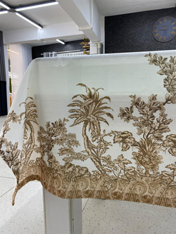 Bej Tropikal Ağaçlar Desenli Masa Örtüsü (Linen Kumaş)