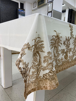 Bej Tropikal Ağaçlar Desenli Masa Örtüsü (Linen Kumaş)