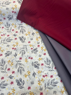 Bordo Ve Sarı Mini Çiçek Detaylı Yaprak Desen Akfil Kumaş D755