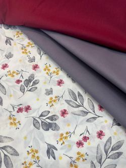 Bordo Ve Sarı Mini Çiçek Detaylı Yaprak Desen Akfil Kumaş D755