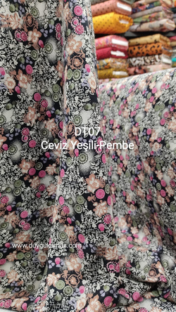 Ceviz Yeşili Pembe Desenli DT07 Tek En Viskon