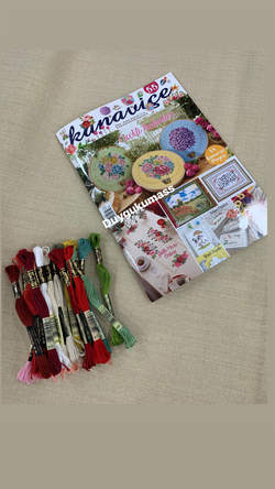 Güllü Masa Örtüsü Seti Linen Kumaş 12 Kişilik Masa, Peçeteler,  Kanaviçe Sayı 55 Dergi ve ipler  Dahil Köşe Çevrili Servis Takımı