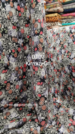 Kırmızı Gri Desenli DT07 Tek En Viskon
