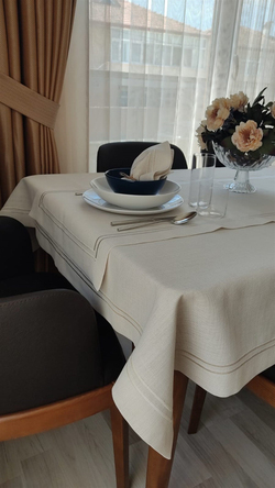 Linen Kumaş Çerçeve Nakış Detaylı İşlenebilir  12 Kişilik Servis Seti