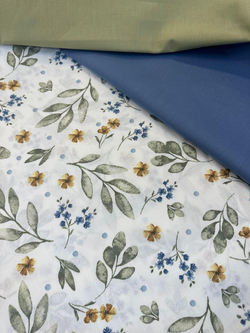 Sarı Ve Mavi Mini Çiçek Detaylı Yaprak Desen Akfil Kumaş D755