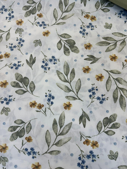 Sarı Ve Mavi Mini Çiçek Detaylı Yaprak Desen Akfil Kumaş D755