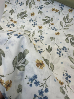 Sarı Ve Mavi Mini Çiçek Detaylı Yaprak Desen Akfil Kumaş D755