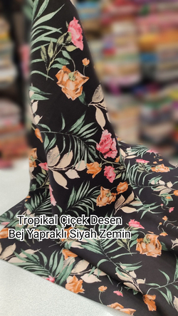 Siyah Zemin Pembe ve Turuncu Tropikal Çiçek Desen Çift En Viskon