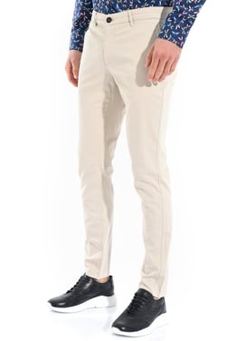  Morven Erkek Kremrengi Piefti Pamuklu Slim Fit Yan Cep Keten Pantolon