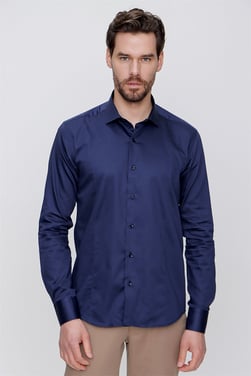  Morven Erkek Lacivert Pamuklu Düz Slim Fit Dar Kesim Saten Gömlek