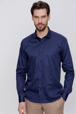 Morven Erkek Lacivert Pamuklu Düz Slim Fit Dar Kesim Saten Gömlek