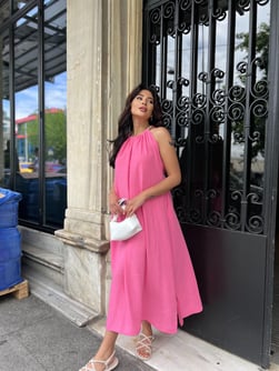 Bağlamalı Uzun Elbise Pembe